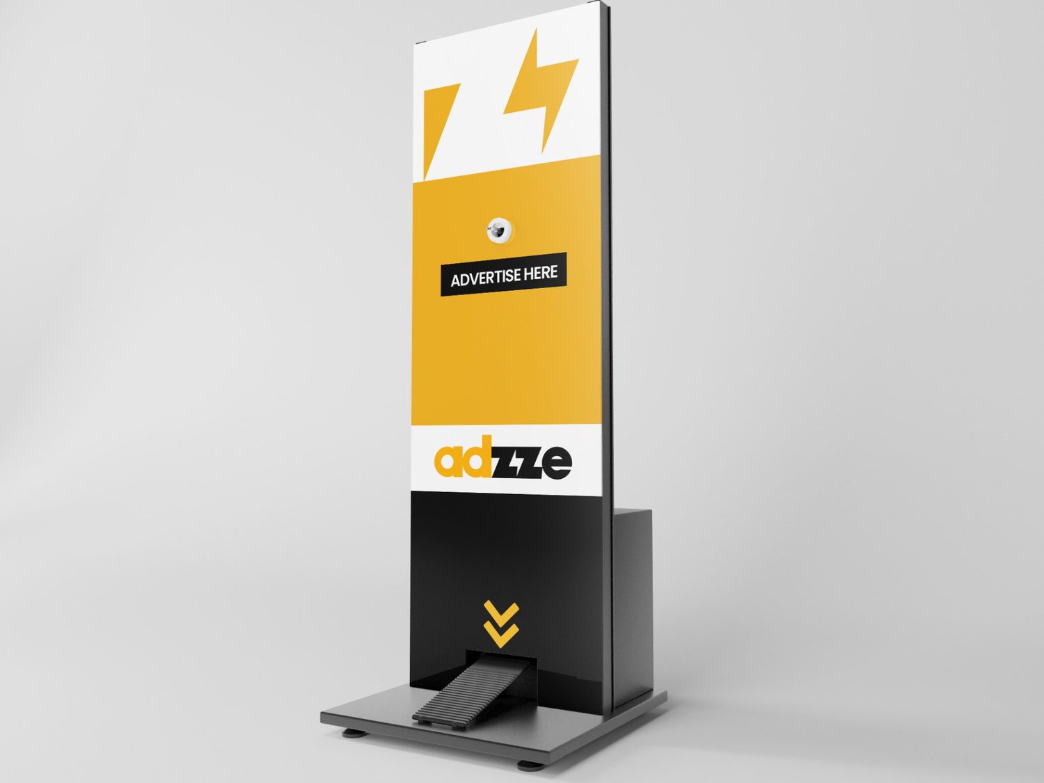 The image shows a hand sanitizer station in orange, white and black with a black sign on top saying "Advertise here" and Adzze's logo on the bottom.